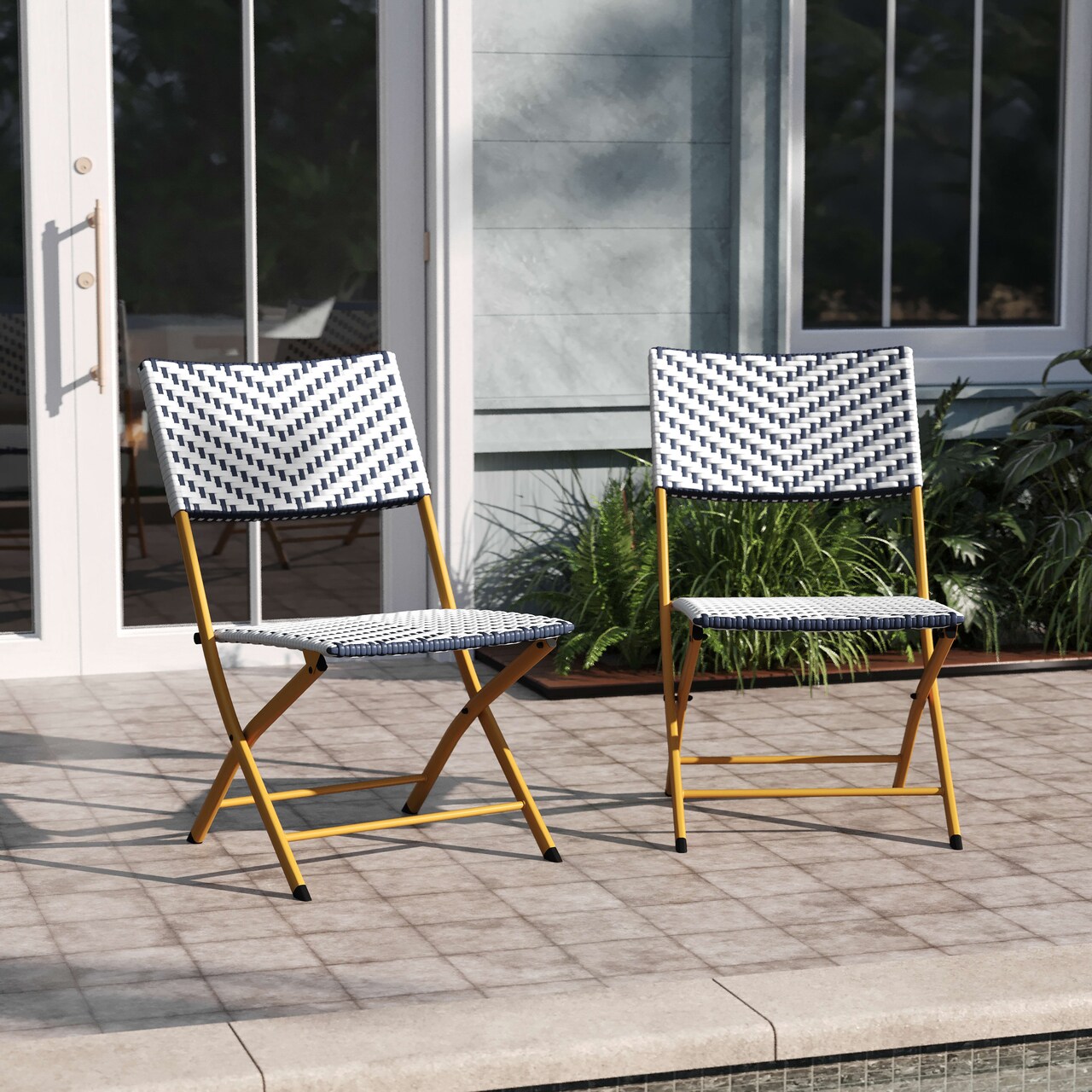 Emma and Oliver Ciel Set of Two Folding Bistro Chairs in PE Rattan with Metal Frames for Indoor and Outdoor Use